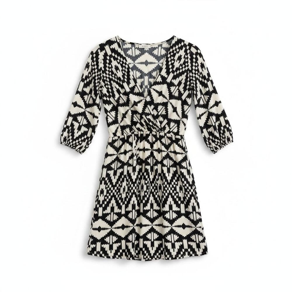 Everly Womens Aztec Geometric Print 3/4 Sleeve Babydoll Dress Black S Cream USA